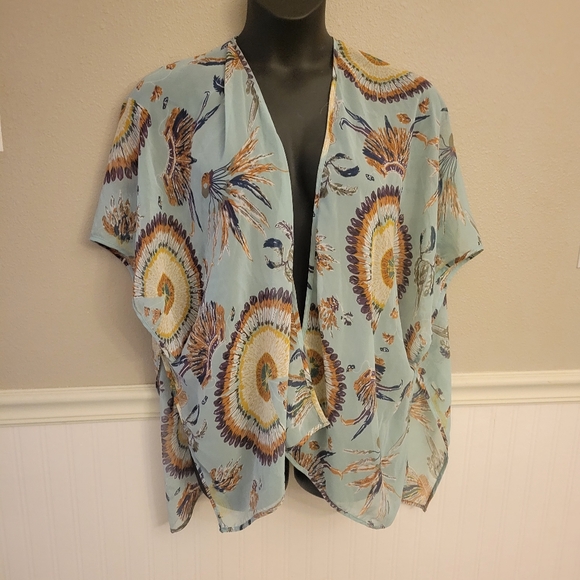 Umgee Cape Kimono Green Blue Paisley Lace Back S/M Sheer Boho Coverup Vest - Picture 5 of 9